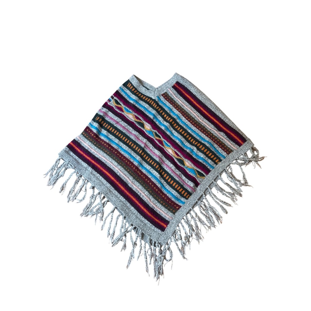 Poncho Women Gray Multi Striped Boho Fringed Knit Cape SIZE OS
